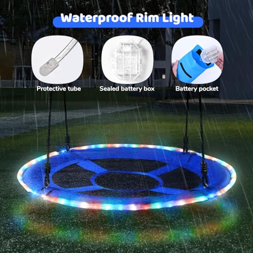 Trekassy 700lbs 40” Saucer Tree Swing with LED Lights for Kids Adults Outdoor 2 Tree Hanging Straps-Blue - color: Blue