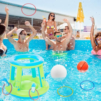 Jasonwell Pool Toys Games Set - 3 in 1 Pool Volleyball Net Basketball Hoop Ring Toss Game Inflatable Floats Water Floating Volleyball Swimming Pools Games Party Gift for Kids Adults (Green&Blue, XL)