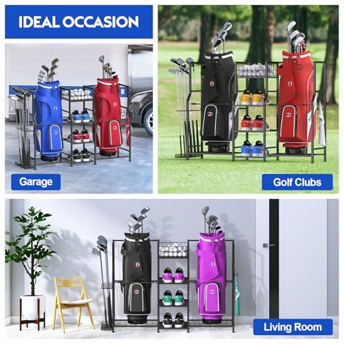 samstar Golf Storage Garage Organizer, Golf Bag Storage Stand 2 Golf Bags and Equipment Accessories, Storage Rack for Home, Garage, Golf Clubs