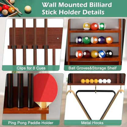 Pool Cue Rack 8 Pool Stick Holder Wall Mount 2-in-1 Pool Stick & Ping Pong Paddle Holder Billiard Cue Rack Solid Wood Billiard Table Accessories for Billiard Room, Game Room (Classic Burgundy)