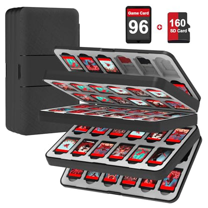QuoLumPIA 96 Game Case - for Nintendo Switch 2/OLED/Lite Cartridge storage with 96 Game Card Slots & 160 Micro SD Card Slots, Black, Hard Shell, Silicone Lining, Magnetic snap, Travel, Gift, Party - size: 96