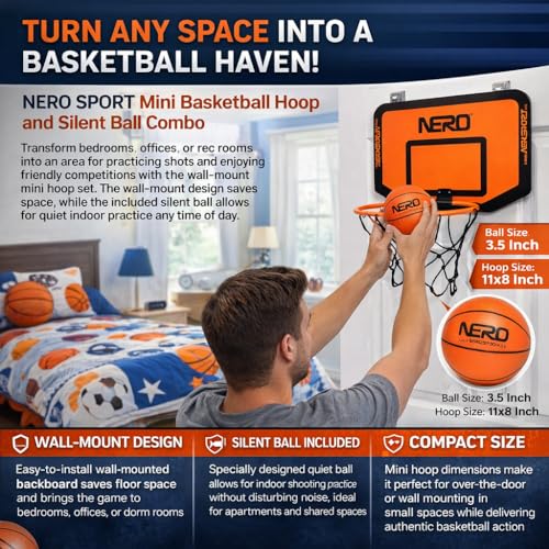 NERO SPORT Mini Basketball Hoop and Silent Ball Combo, Indoor Wall-Mounted Basketball Hoop Set with Quiet Foam Ball, Mini Backboard and Mounting Hardware for Kids, Teens, Dorm, Bedroom and Office