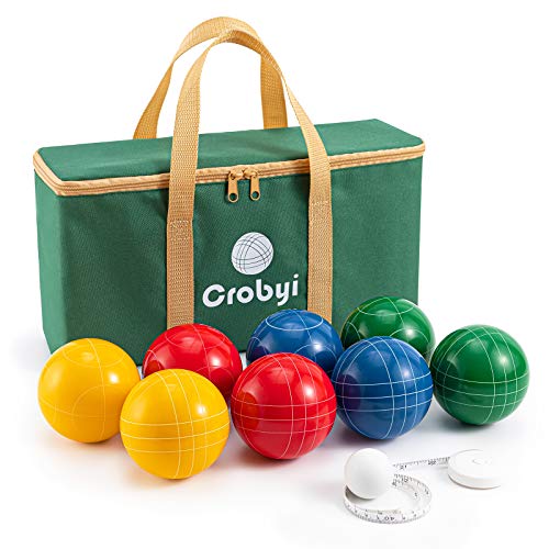 Crobyi Bocce Balls Set, 90mm Regulation Size and Weight, Durable Beach/Yard/Lawn Game for Adults. Including 8 Bocce Balls, Pallino, Measuring Rope and Carrying Bag.
