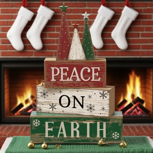 Lineshading 4 Pcs Christmas Table Decoration Wooden Christmas Tree Sign Winter Tiered Tray Decor Decorative Red Green and White Tree Block Signs Xmas Table Centerpiece Farmhouse Decor for Home Kitchen - style: Christmas Tree