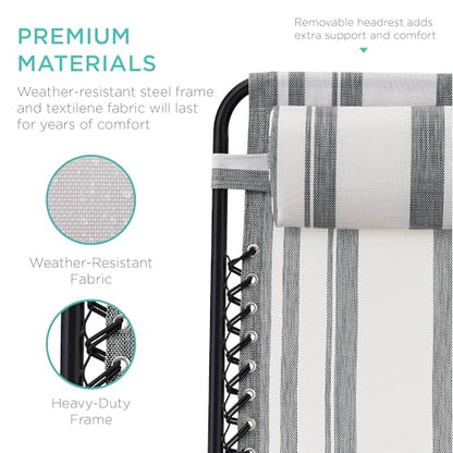 Best Choice Products Set of 2 Adjustable Steel Mesh Zero Gravity Lounge Chair Recliners w/Pillows and Cup Holder Trays - Gray Stripes - color: Gray Stripes, size: Standard