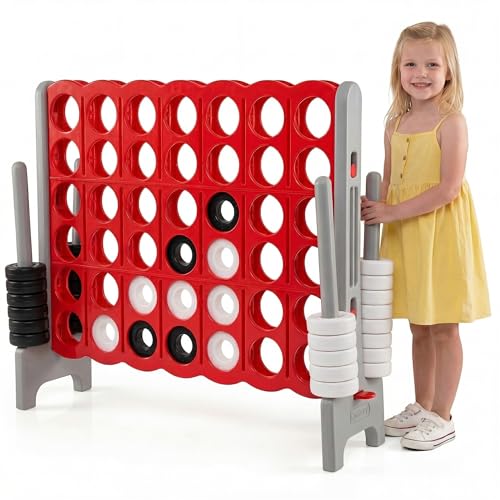 HONEY JOY Jumbo 4-to-Score Giant Game Set, Giant Outdoor Yard Games for Family, 42 Jumbo Rings & Quick-Release Slider, 3.5FT Tall Giant 4-in-A-Row for Kids & Adults - color: Gray