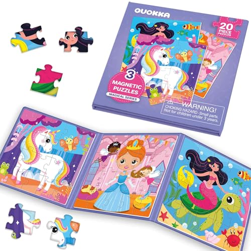 QUOKKA Magnetic Toddler Puzzles Ages 2-4 – 20 Pieces Kids Puzzles Ages 3-5 – Travel Games and Toys for Kids 4-6 Girls – Car Airplane Road Trip Activities with Unicorn, Princesses, Fairies and Mermaids - style: 7. UNICORN 20 PCS