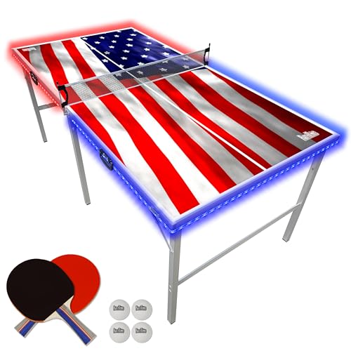 PartyLife 6 ft x 3 ft Ping Pong Table Tennis Table | Mid-Size Portable Folding Indoor Outdoor Foldable Ping Pong Table Tennis Table w/Optional LED Lights (Not a Full Size Table) - color: USA, size: 6ft x 3ft - LED Lights