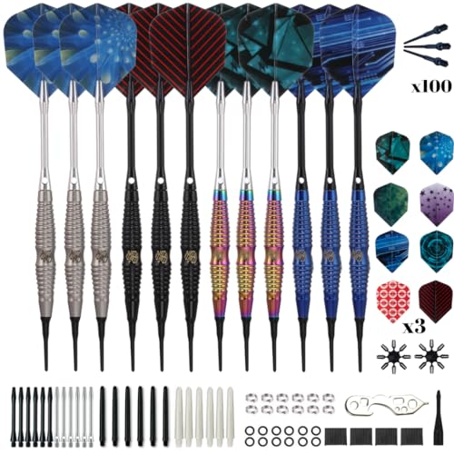 Shot Taker Co. Plastic Tip - Soft Tip Darts Set - 12 Pcs with 100 Extra Dart Tips 24 Flights Flight Protectors and Wrench for Electronic Dart Board - color: Blue-10474