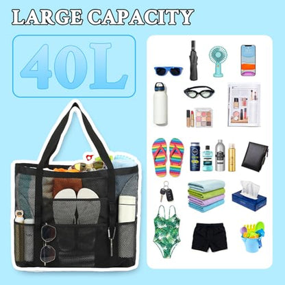 GYEUKHAM Mesh Beach Bag for Women, Sand-Resistant Pool Tote, 9 Pockets (1 Inner Zip), Foldable Family Travel Essentials - color: L-black