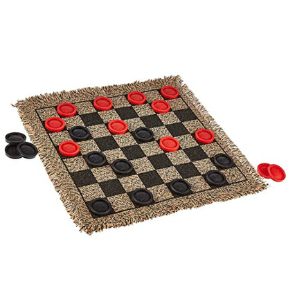 3-in-1 Mini Checkers Rug + Classic & Mega Tic Tac Toe - Portable Compact 12" x 12" Reversible Checkerboard Rug - Travel, Parties, Games on The Go, Family Board Game Night - size: 12x12 inches