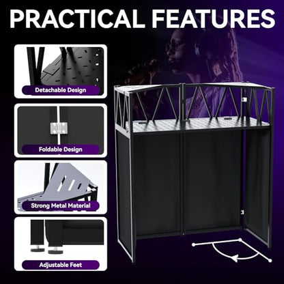 Portable DJ Booth Stand, 40" x 20" x 45" Foldable DJ Table with 8-Piece Black & White Lycra Scrim Facade, 200lbs Capacity Metal Event Booth with Corner Shelves, Cable Ports & Carry Bag - size: 40x20 with Triangle