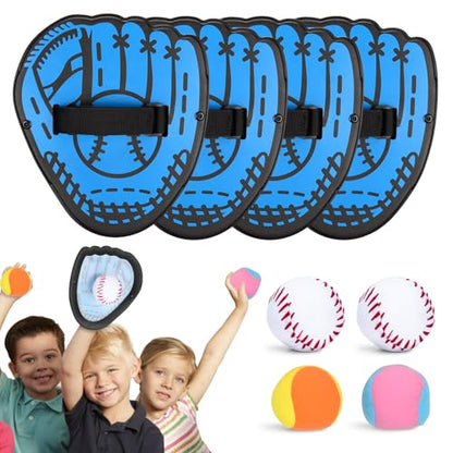 Toss and Catch Ball Set - 4 Glove Paddles & 4 Sticky Balls, Outdoor Velcro Ball and Catch Game for Lawn, Yard, Beach, and Park Play