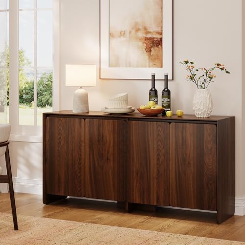 ONBRILL 63" Sideboard Buffet Cabinet with Storage, Buffet Sideboard Cabinet with 4 Doors & Adjustable Shelves, Modern Coffee Bar Console Table for Living Room, Kitchen, Entryway - color: Walnut
