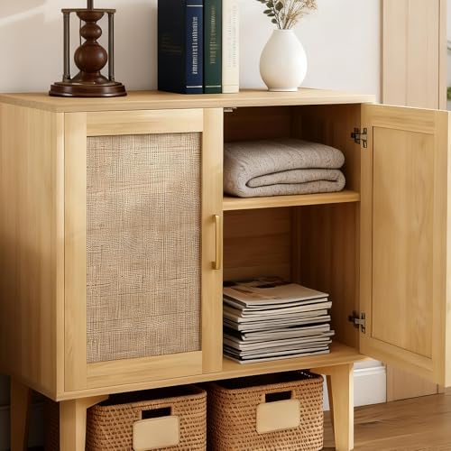 Buffet Sideboard Storage Cabinet with Rattan Decor Doors Solid Wood Feet, Multifunctional Accent Unit with Spacious Tabletop and Inner Shelves for Dining Room Kitchen - Easy Assembly