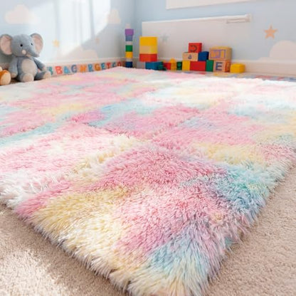 16 Pcs Pastel Faux Fur Floor Tiles, 11.8 x 11.8 in Puzzle Girls Play Soft Tiles, 1.5 Inch Shaggy Square, EVA Foam Floor Mat for Nursery, Playroom, Bedroom, Toddler Room, Daycare - color: Pastel