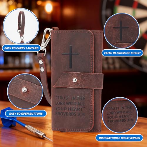 lotoo Leather Dart Case for Soft Tip Darts, Cross with Bible Verse Holds 3 Darts Storage for Tips, Shafts, Flights