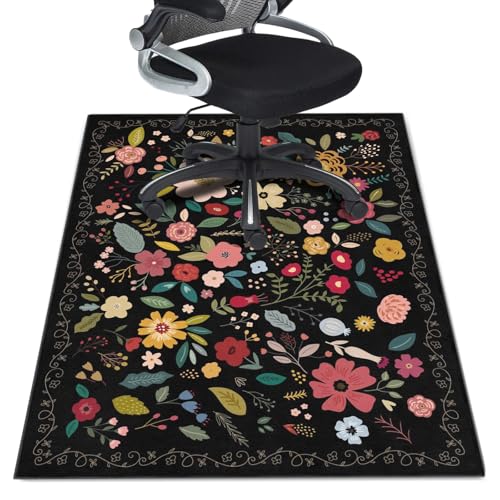 Office Chair Mat for Hardwood Floor 36"X 48" Heavy Duty Desk Chair Rug for Under Gaming Rolling Chairs Computer Decor Protect Mats Low Pile Non-Slip Rubber for Carpet & Tile Floor-Black Boho Flower - color: Black Boho Flowers, size: 36"X 48"