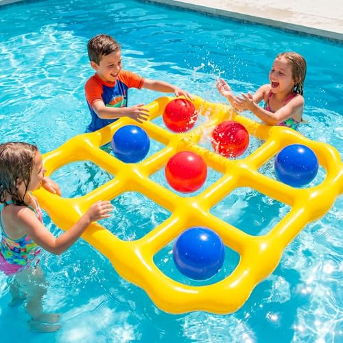 Tic-Tac-Toe Pool Toys Game Set, Giant Inflatable Floating Board Set with 10 Balls, Pool Toys Party Game for Kids Adults Teens, Summer Water Party Backyard Beach Yard Field Day Outdoor Activities