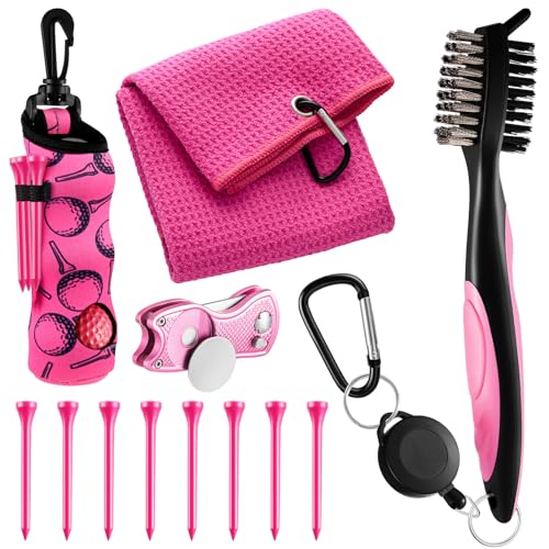 Liliful 12 Pcs Golf Accessories Kit, Include Golf Ball Bag with Hook Towel Tees Magnetic Ball Marker Divot Tool Cleaner Brush for Women Man Gifts - color: Hot Pink, style: Plain