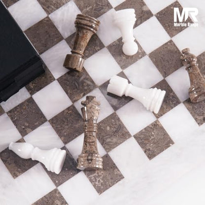 Marble Chess Set 15" Inches White and Oceanic with Storage Box and 2 Extra Queen Handmade Classic Board Games for Adults, Luxury Marble Chess Board & Chess Pieces for Gifts - color: White & Oceanic