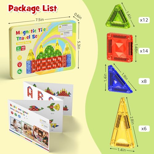 Mini Magnetic Tiles for Kids Ages 4-8, 40PCS Portable Travel Toys with Visual Storage Guide & Metal Storage Box, Compact Magnetic Building Blocks for Toddlers 3-5 Travel Activities - style: Diamond Texture Mini Magnetic Tiles - 40 PCS