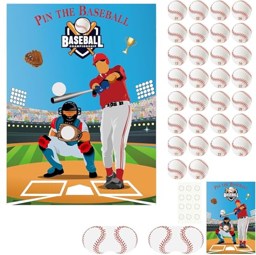 PLULON Pin The Baseball Party Game for Kids Pin The Baseball on The Glove and Bat Large Poster with Stickers for Boys Girls Birthday Party Wall Decorations Classroom Activities - style: Baseball