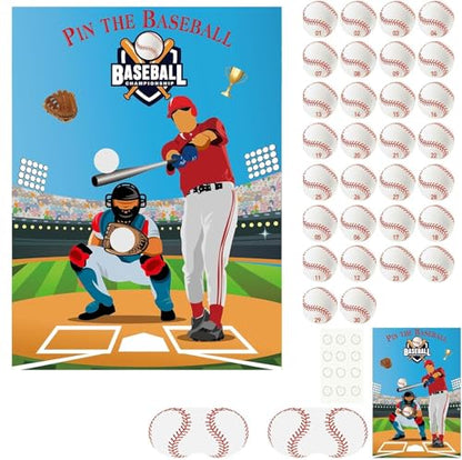 PLULON Pin The Baseball Party Game for Kids Pin The Baseball on The Glove and Bat Large Poster with Stickers for Boys Girls Birthday Party Wall Decorations Classroom Activities - style: Baseball