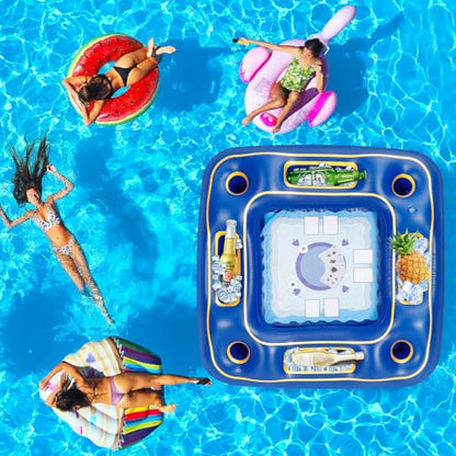 Floating Poker Table for Pool with Waterproof Playing Cards - 4 Person Inflatable Pool Games for Adults - Blue & Gold Premium Floating Card Table Set for Lake, River, and Swimming Party (40 inch)