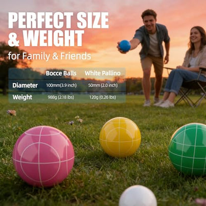 Bocce Ball Set for Backyard Lawn Beach Outdoor Games, Complete with 8 Solid Resin Bocci Balls, Pallino, Measuring Rope & Carry Bag, Multicolor for 2-8 Players (100mm)