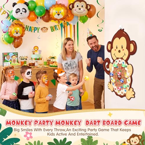 Seenelling Monkey Party Games 30 x 27 Monkey Dart Board with 12 Sticky Balls Toys Jungle Animal Games for Boys Kids Family Theme Birthday Zoo Forest Party Supplies Decorations Favors - size: 30 x 27", style: Monkey
