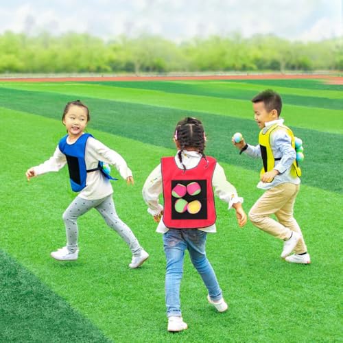 balacoo 12-Piece Kids Sticky Ball Vest Set – 10 Soft Fleece Balls & 2 Self-Stick Vests, Motor-Skill Dodgeball Game for Indoor/Outdoor Parties, Ages 3+