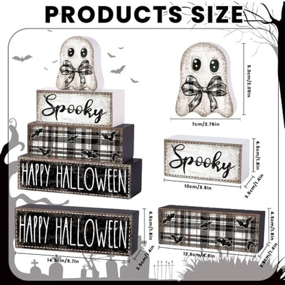 DIYDEC 4Pcs Halloween Table Decoration Happy Halloween Wooden Block Sign Ghost Rustic Tiered Tray Decor Centerpiece Sign for Farmhouse Holiday Tabletop Coffee Fireplace Shelf Desk Party Decor - style: Ghost