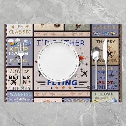 Erosebridal Airplane Placemats 12X18 Inch Set of 4,Cartoon Hot Air Balloon Aviation Aircraft Theme Place Mats for Boys Youth Teens,Geometric Star Square Grid Waterproof Placemats for Dining Table - color: Cream Grayish Blue Yellow