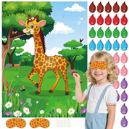 PLULON Pin The Tail on The Giraffe Party Game, Birthday Games Big Giraffe Poster with Tail Stickers for Zoo Animal Party Favors Wall Decorations Birthday Activities Jungle Party Supplies - style: Giraffe