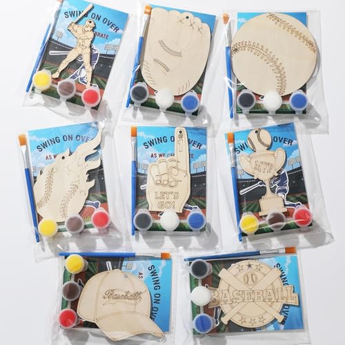 Saypacck 24 Pcs Baseball Party Favors Wooden Painting Craft Kits Birthday Party Supplies with Organza Bag for Goodie Bags Fillers Adult Thank You Gifts - style: Sport Theme