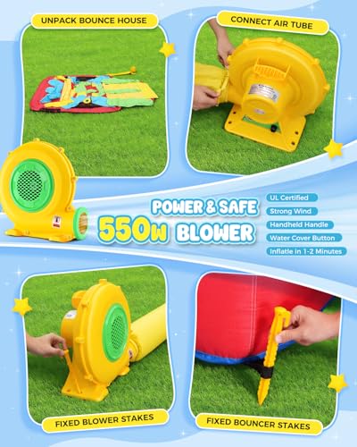 Whubefy Bounce House for Kids 3-6 Big Kids 8-12, 15.3 X 9ft Inflatable Obstacle Course with Dual Tunnels/Double Slides/Two Climbing Walls/Two Boxing Ball Obstacles/Basketball Hoops/Removable Dartboard - style: 550W Blower