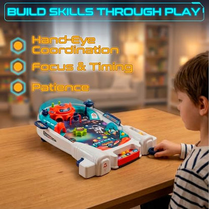 Space Pinball Machine — Tabletop Arcade Game with Obstacles, Pull-Rod Launcher, Flippers, UFO Targets & Astronaut Theme, 1-2 Player Mini Pinball for Kids - style: Space Pinball
