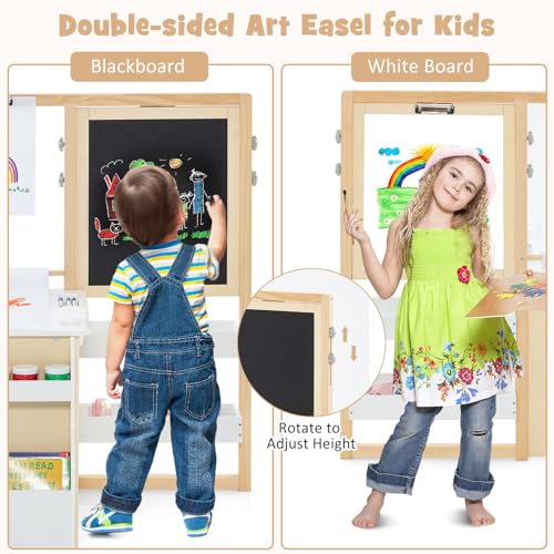 INFANS 3 in 1 Kids Art Table and Chair Set, Toddler Craft and Play Wood Activity Desk with Double-Sided Easel Blackboard Whiteboard, Paper Roll for Writing, Children Furniture for Daycare Nursery - style: Natural