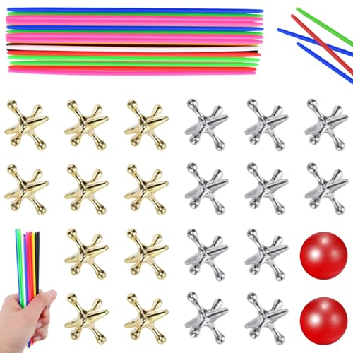 ZeeDix Jacks Game and Pick Up Sticks, 60 Pcs Sticks and 20 Pcs Metal Jax with 2 Pcs Red Rubber Balls, Gold and Silver Metal Jacks, Classic Fun Game Gift of Jacks for Family - style: 2 Set