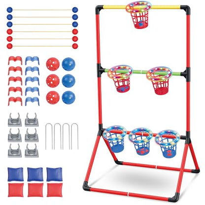 Backyard Lawn Games for Adults Kids - 3-in-1 Yard Pong with 6 Light Up Basket, Ladder Ball and Bean Bag Toss Game - Outdoor Yard Tailgate Game for Family Parties