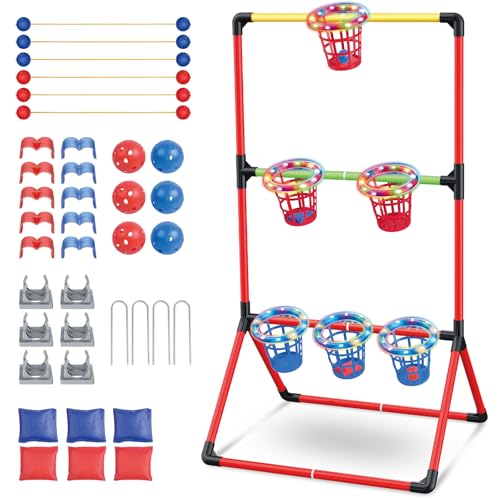 Backyard Lawn Games for Adults Kids - 3-in-1 Yard Pong with 6 Light Up Basket, Ladder Ball and Bean Bag Toss Game - Outdoor Yard Tailgate Game for Family Parties