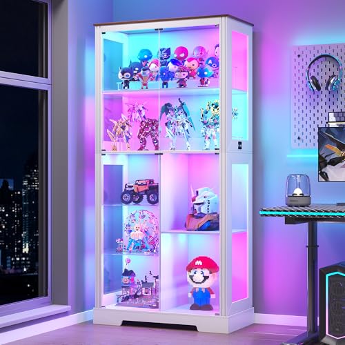 Gurexl Display Cabinet with Motion Sensor LED Lights, Glass Curio Cabinet with Adjustable Shelves & Glass Door, Modern Tall Display Case for Collectibles, Toys, Figures, Ideal for Living Room, White - color: Rgb White