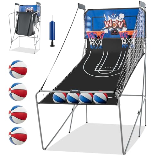Goplus Foldable Dual Shot Basketball Arcade Game, Basketball Hoop Game w/Electronic Scoring, 8 Game Modes, 4 Balls, Indoor Outdoor Electronic Basketball Game Machine for Kids Adults (Navy) - color: Navy