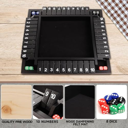 GSE Games & Sports Expert 1-4 Player Wooden Shut The Box Dice Board Game with 8 Dice. 4-Way 10 Numbered Shut The Box Set of Popular English Pub Board Game - Black - color: Black Stained Wood