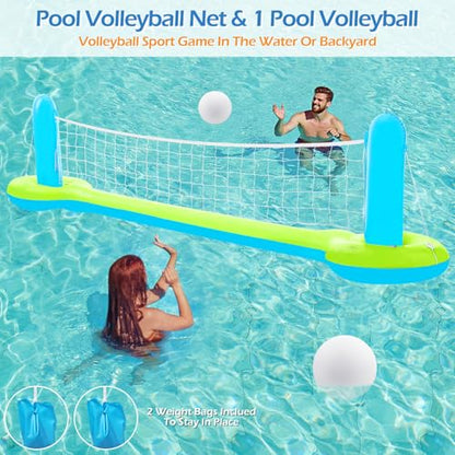 Jasonwell Pool Toys Games Set - 3 in 1 Pool Volleyball Net Basketball Hoop Ring Toss Game Inflatable Floats Water Floating Volleyball Swimming Pools Games Party Gift for Kids Adults (Green&Blue, L) - color: Green&blue, size: Large