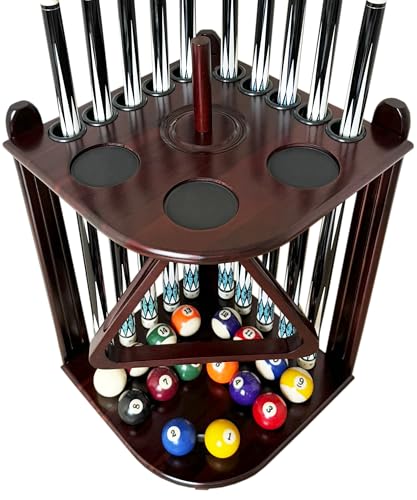 Corner Pool Cue Holder Rack Hold 10 Cue Sticks & Billiard Table Accessories. Pool Stick Holder Made of 100% Solid Hardwood with Cone Chalk Holder (Mahogany) - color: Mahogany