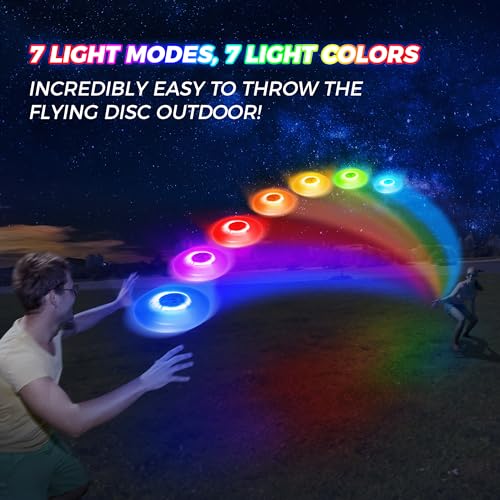 Glow in the Dark LED Flying Disc - 7 Dynamic Modes, 7 Colors, IP65 Waterproof, Perfect Birthday & Camping Gift for Men/Boys/Teens/Kids - Outdoor Games & Cool Toys, 175g