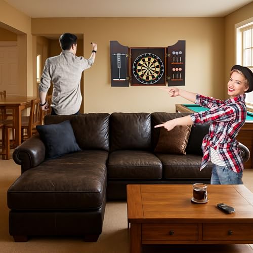 Personalized Dart Board Cabinet Set with 6 Steel Tip Darts, Paper Fibre Dartboard, Chalk & Eraser (21.5 x 21.5 x 2.75) - Engraving