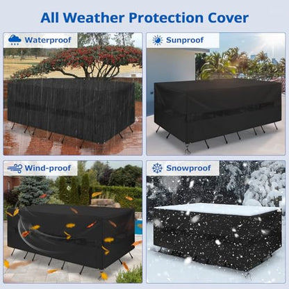 SunPatio Patio Furniture Covers Waterproof, Rectangular Table and Chairs Set Cover, Outdoor Furniture Set Cover with Drawstrings and Taped Seams, All Weather Protection, 90"W x 60"D x 30"H, Black - size: 90"W x 60"D x 30"H